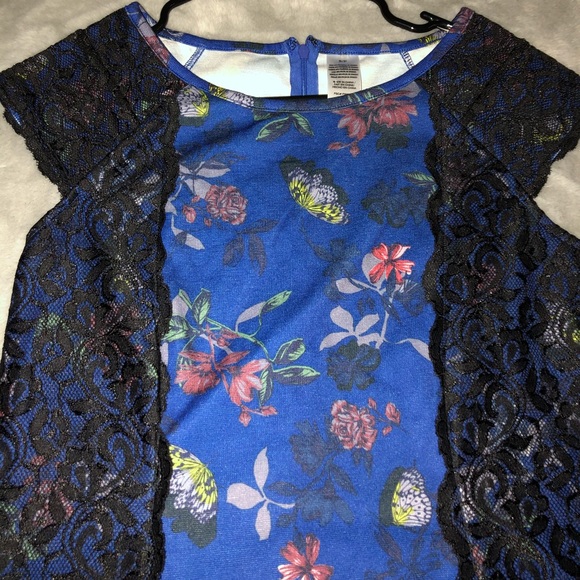 Black Lace Dress Blue Butterfly Print Midi - Picture 3 of 11